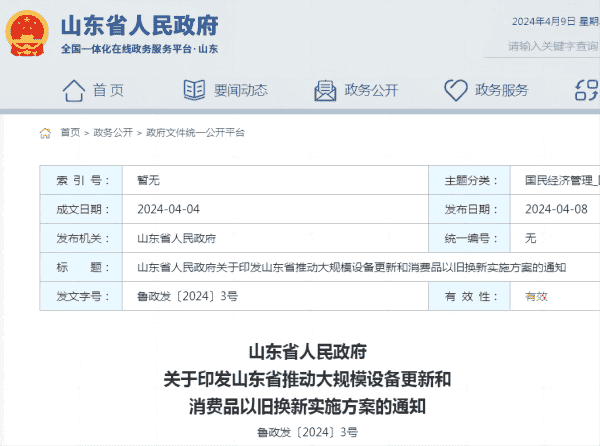 山东省人民政府关于印发山东省推动大规模设备更新和消费品以旧换新实施方案的通知